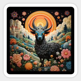 Surrealistic Folk Art Dark Floral Motif Goat Design Sticker